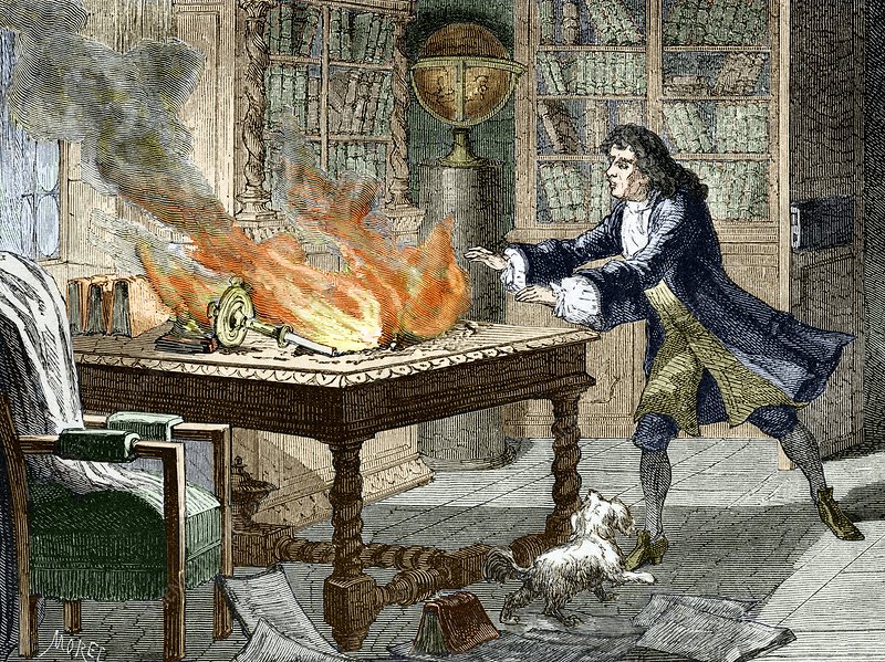 Notatki Newtona Opticksa w płomieniach. Wypadek miał miejsce w Trinity College na Uniwersytecie Cambridge w 1692 r.
